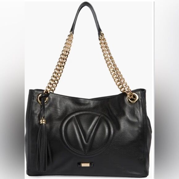 VALENTINO BY MARIO VALENTINO quilted logo black leather tote gold chain hardware - Picture 1 of 16